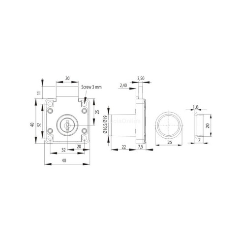 Zamek meblowy CZARNY fi19x22mm sys. jednego klucza-9593