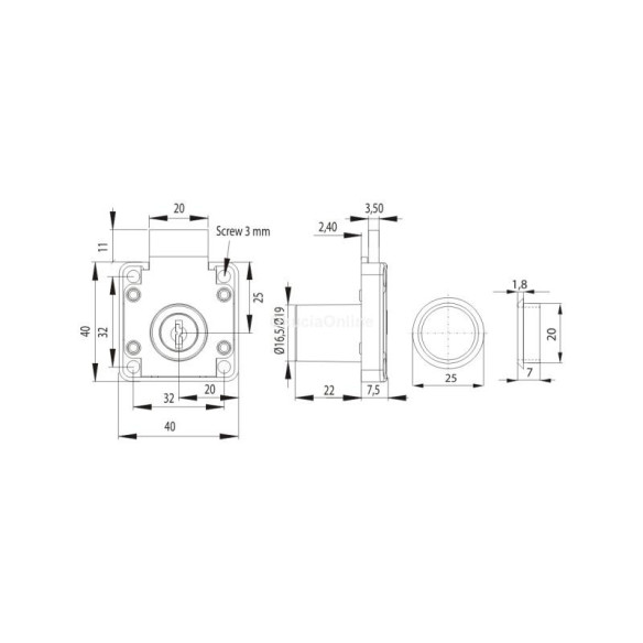 Zamek meblowy CZARNY fi19x22mm sys. jednego klucza-9593