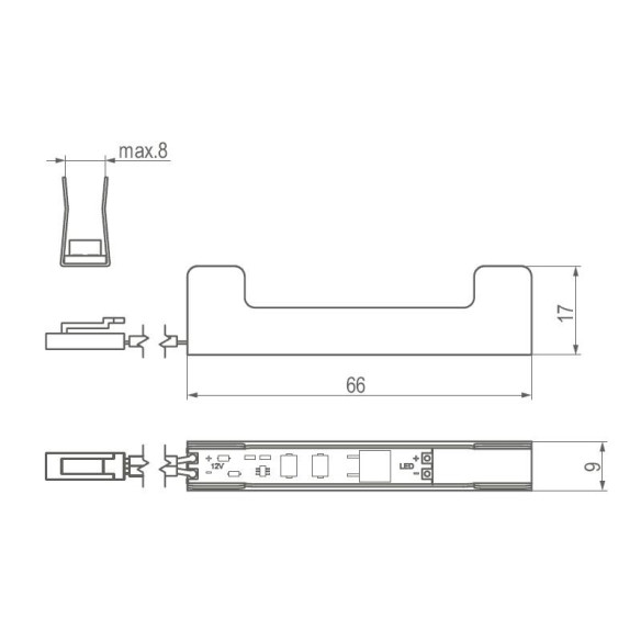 Klip metalowy LED do półek szklanych 8mm B.ZIMNY-9624