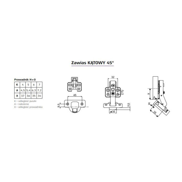 Zawias SEVROLL kątowy 45° cichy domyk - 2szt-11749