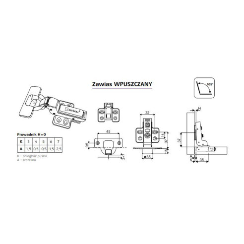 Zawias SEVROLL wpuszczany cichy domyk - 2szt-11745