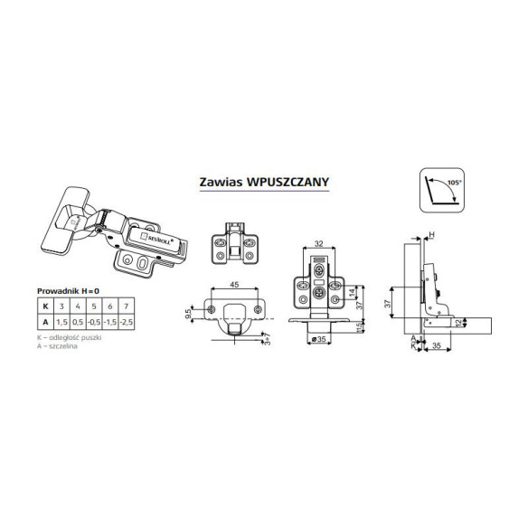Zawias SEVROLL wpuszczany cichy domyk - 2szt-11745