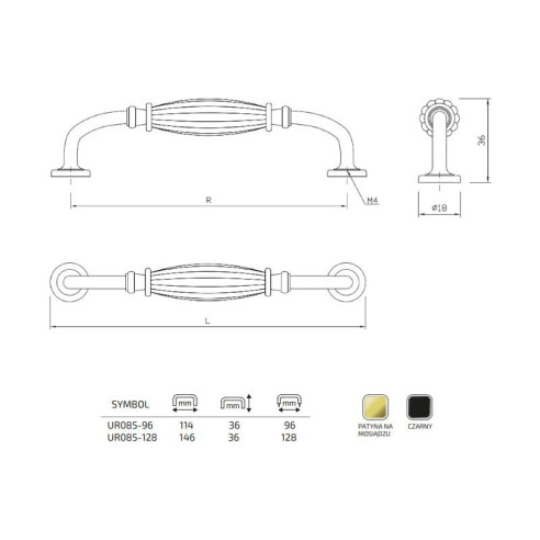 Uchwyt meblowy UR085 96mm retro CZARNY MAT-12957