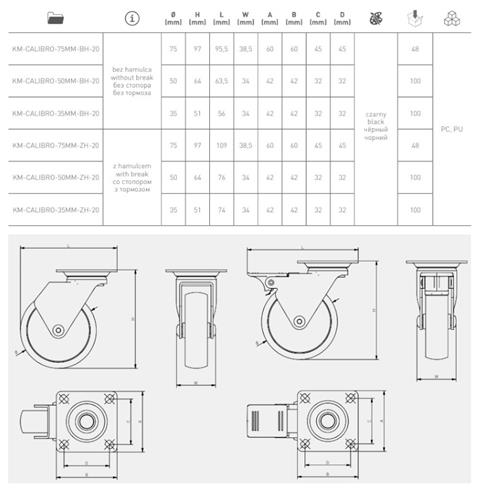 Kółko meblowe CALIBRO GTV fi35 h-50,5 Z HAMULCEM-14336