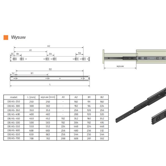 Prowadnica kulkowa 550mm pełny wysuw AMIX-16204